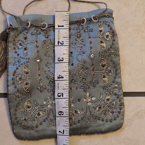 NWT Megan Park handmade beaded silk drawstring bag light blue - Picture 13 of 13